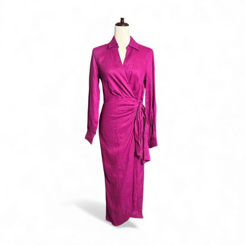 Magaschoni Long Sleeve 100% Linen Wrap Dress in Burgundy Size 6